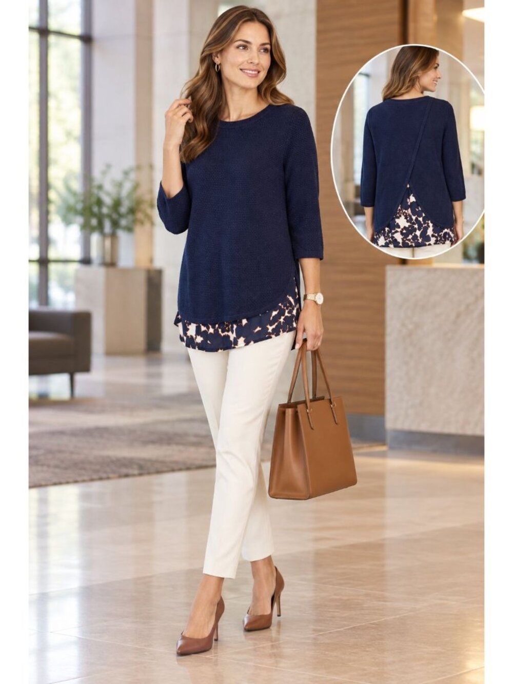 The Limited Women's M Navy Mixed Media Sweater Floral Chiffon Split Back Tunic